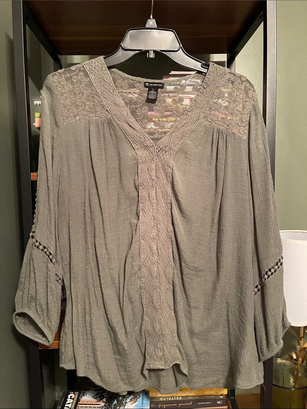 new directions Olive Green Lace Yoke Peasant Blouse